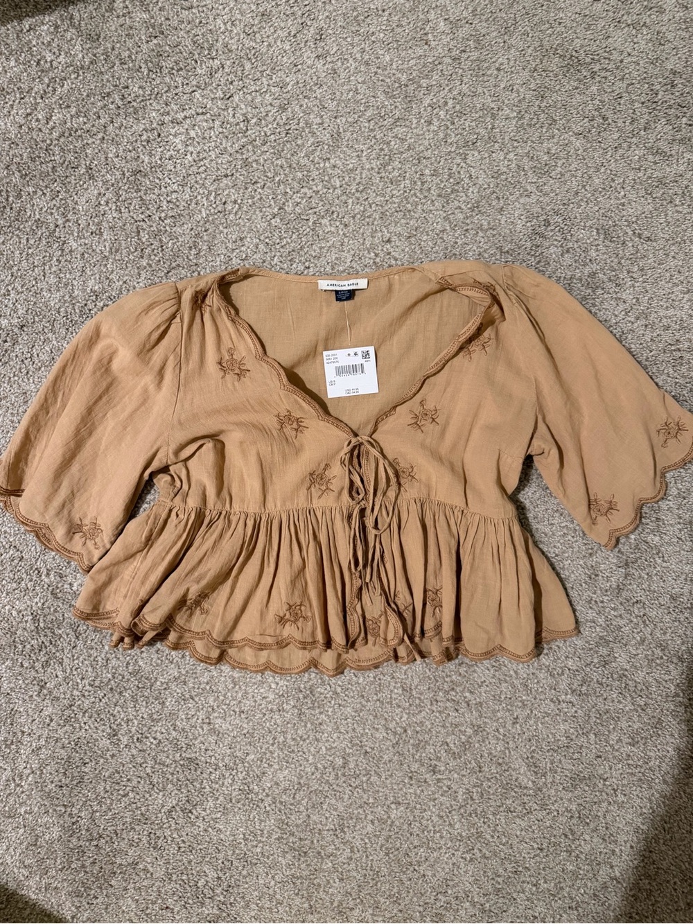 a new day Tan Embroidered Tie-Front Peplum Blouse